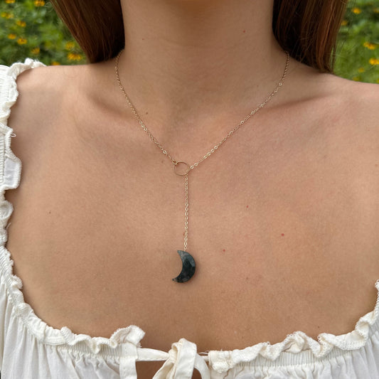 Moss Agate Moon Drop Lariat Necklace