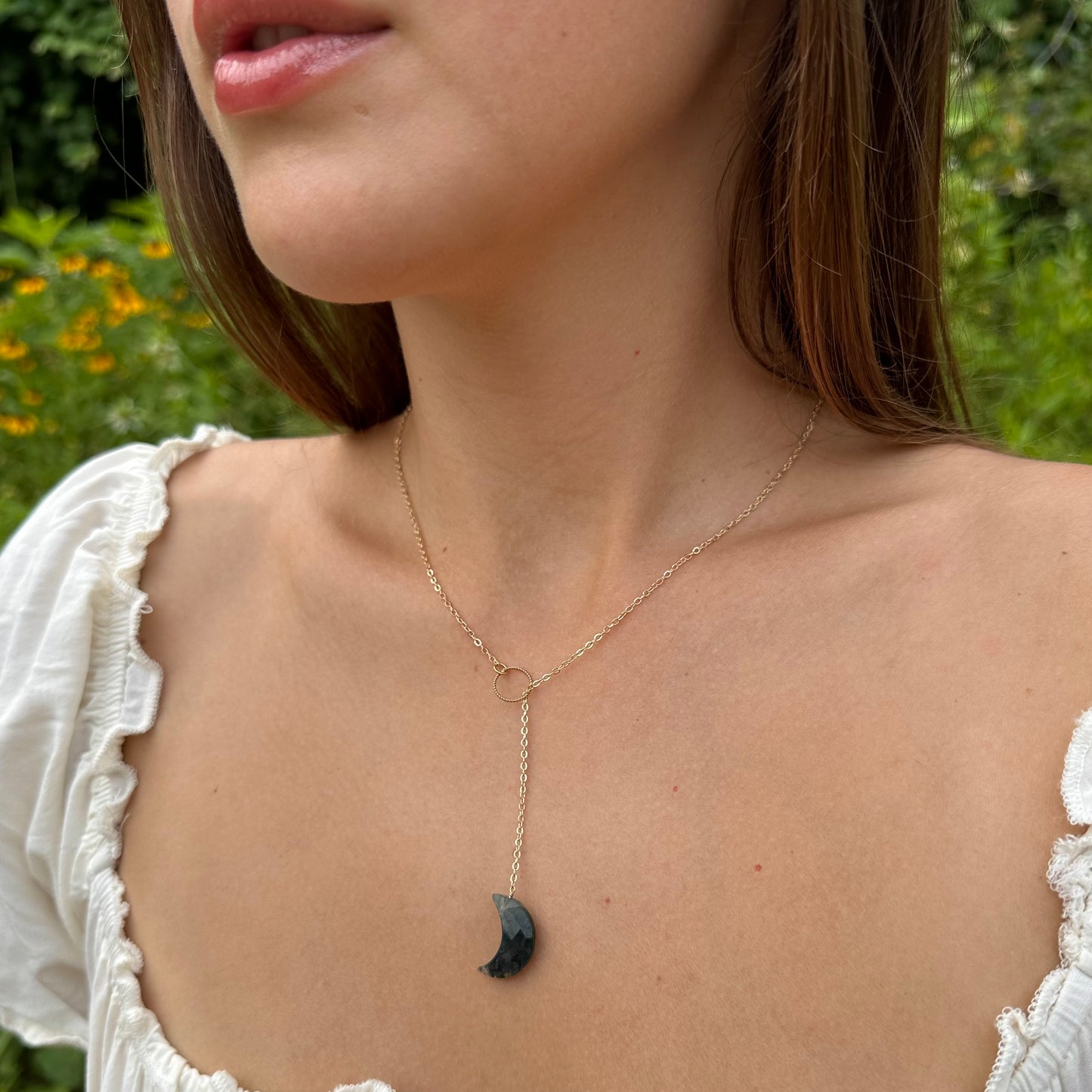 Moss Agate Moon Drop Lariat Necklace