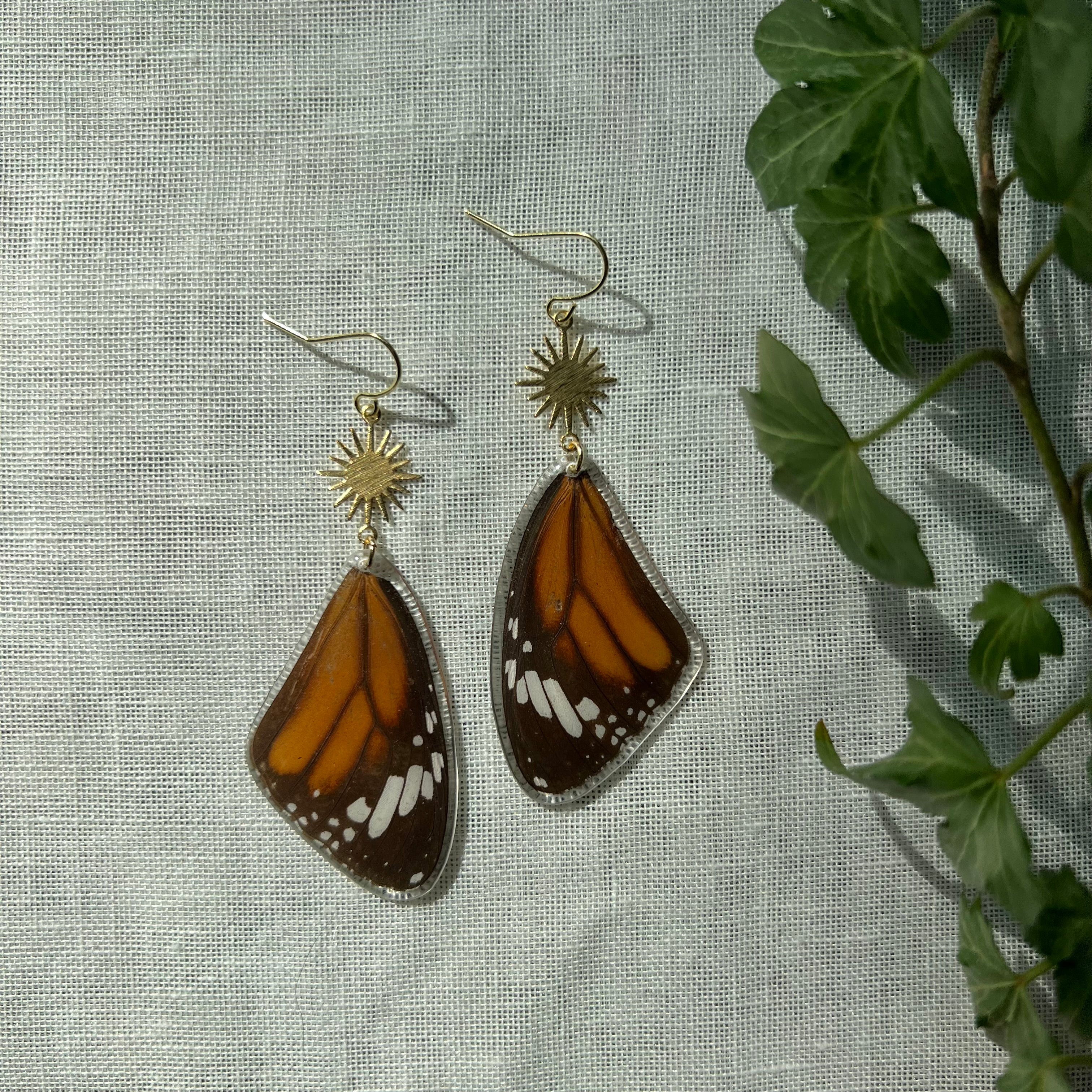 Monarch butterfly wing earrings. Handmade cruelty free orange iridescent  butterfly wings.